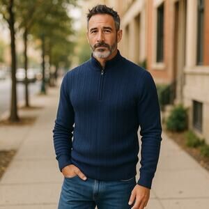 Faconnable Wool 1/2 Zip Sweater Pullover In Dark Blue Knit Cable Knit Size Large